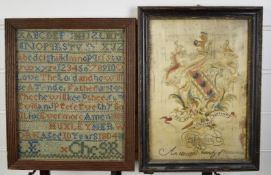 Two Victorian/ Georgian embroidery samplers, one by Mary Huxley aged 10, 1804 29 x 24cm, the other