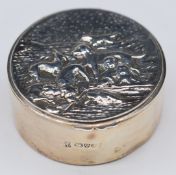 Edward VII hallmarked silver trinket pot with embossed lid decorated with dogs on a shoot, Chester