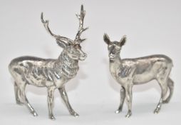 Elizabeth II hallmarked silver novelty stag deer and doe centrepieces, marks indistinct but likely