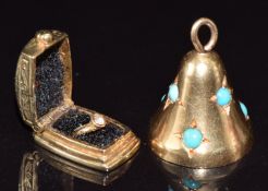 Edwardian bell charm/ pendant set with turquoise and a 9ct gold ring box charm/ pendant opening to