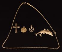 An 18ct gold religious pendant (1.3g), 9ct gold cross, 9ct gold pendant, 9ct gold chain and a 9ct
