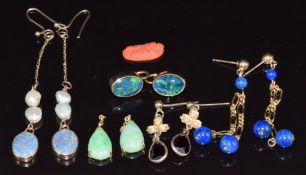Four pairs of yellow metal earrings including black opal triplets, lapis lazuli, garnet and pearl