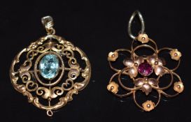 Two Edwardian 9ct gold pendants, one set with a garnet and one paste, 4g