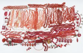 A collection of coral necklaces, earrings and bracelets