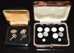 Art Deco cased set of 9ct gold and silver cufflinks and studs set with mother of pearl, and a pair