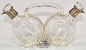 George V hallmarked silver mounted glass twin oil bottle, Birmingham 1927, maker William Hutton &