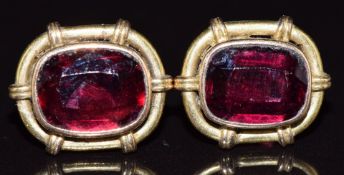 A pair of 9ct gold earrings set with cushion cut garnet, 4.2g