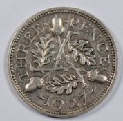 1927 George V proof new reverse silver threepence
