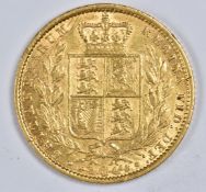 1859 Queen Victoria young head gold full sovereign, shield reverse, no die number