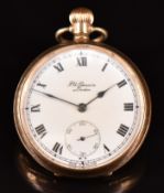 J W Benson of London 9ct gold open faced keyless winding pocket watch with black Roman numerals,