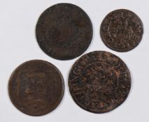 Four 17thC / 18thC farthing tokens to include 1666 Bridgewater, 1666 Croscombe, 1668 Norwich, and