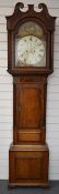 Stockport 19thC oak and mahogany longcase clock, the painted dial having subsidiary seconds dial,