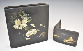 Japanese Mount Fuji silver inlay cigarette case and lacquer box with floral decoration, 20 x 20cm