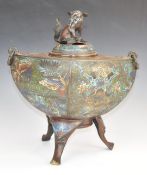 19thC Chinese bronze cloisonné censer of deep ovoid form with Dog of Fo finial to lid and two rope
