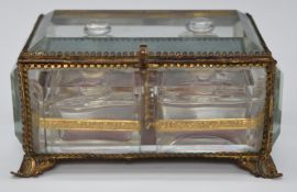 19thC bevelled glass and ormolu perfume casket with four division interior, bottles and stoppers,