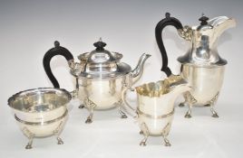 George V hallmarked silver four piece teaset, each raised on four feet, London 1918, maker