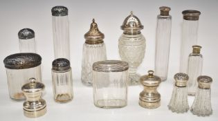 Six hallmarked silver lidded dressing table bottles or pots, pair of hallmarked silver topped