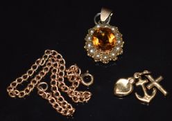 A yellow metal pendant set with a citrine and split pearls, a 9ct gold charm/ pendant and 9ct gold