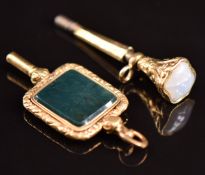 Two Victorian pocket watch keys, one set with bloodstone the other agate