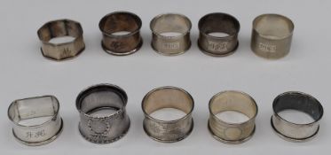 Ten various hallmarked silver napkin rings, weight 185g