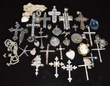 A collection of silver jewellery including button, Birmingham 1901, pendants, lockets, chains, etc