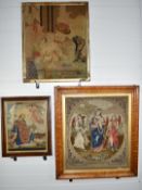Three 19thC embroideries comprising Jesaias 25.9 in satinwood frame, another religious with angel in