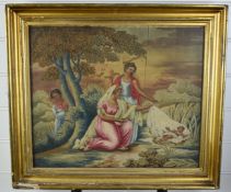 18th/19thC embroidery silkwork and woolwork picture of Moses in the the bullrushes. 40 x 80cm
