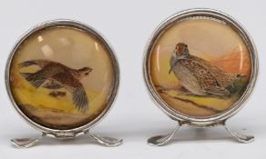 Pair of Edward VII and George V hallmarked silver menu holders formed as small circular watercolours