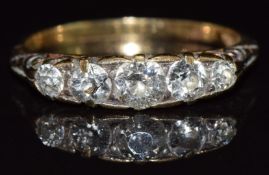 Art Deco 18ct ring set with five diamonds, the largest approximately 0.3ct, in antique box, 2.9g,