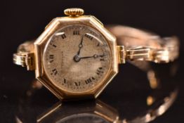 Trojan 9ct gold ladies wristwatch with blued Breguet hands, Roman numerals, silver dial, octagonal