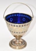 Georgian hallmarked silver pedestal salt or similar condiment bowl, with blue glass liner, swing