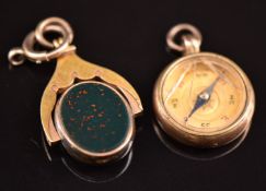 A 9ct gold compass fob, verso set with a bloodstone and a 9ct gold Victorian swivel fob set with