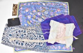 Three scarves / pashminas including one by liberty, vintage handbag, lace and bobbins etc