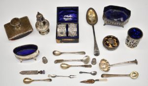 Georgian and later hallmarked silver items to include salts with blue glass liners, berry spoon,