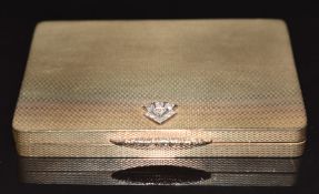 Art Deco 9ct gold cigarette case with engine turned decoration and set with eleven diamonds, maker