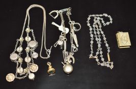 A c1900 silver necklace set with micro mosaic panels, 900 grade silver charm bracelet, silver