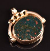 Victorian 9ct gold swivel fob set with bloodstone and carnelian agate, Birmingham 1897