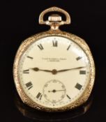 Thomas Russell & Son gold plated keyless winding open faced pocket watch with inset subsidiary
