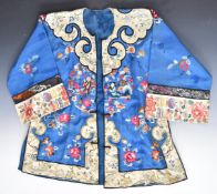 19th/20thC Chinese silk jacket embroidered with figural scenes and with floral border, H68 x W114cm