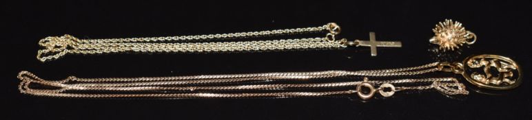 Two 9ct gold chains, 9ct gold hedghog charm, 9ct gold cross pendant and a yellow metal pendant,  5.