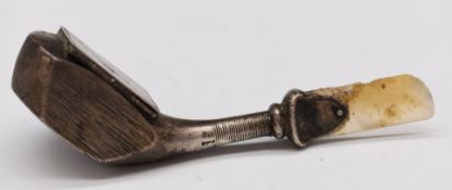 Edward VII hallmarked silver novelty stamp case or vesta formed as a golf club with lift up lid,