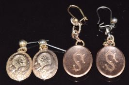 Two pairs of 9ct gold earrings converted from cufflinks, one with buckle decoration, 7.5g
