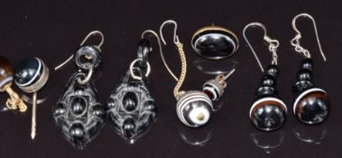 A pair of Victorian banded agate earrings, single banded agate earrings, a pair of Victorian jet