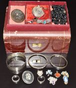 A collection of silver jewellery including pocket watch, six rings (one set with black opal