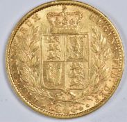 1856 Queen Victoria young head gold full sovereign, shield reverse, no die number
