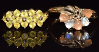 A 9ct gold ring set with moonstones and a 9ct gold ring set with paste, 4.3g, sizes N & J