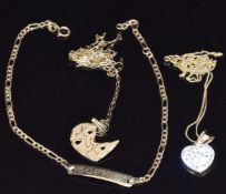 A 9ct gold chain, 9ct gold bracelet, 9ct gold pendant and 9ct gold 'mum' pendant on 9ct gold