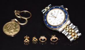 A 9ct gold St Christopher key ring (14.9g), 9ct gold earrings and a Seiko watch
