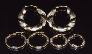 Three pairs of 14k gold bi-coloured hoop earrings, 11.3g
