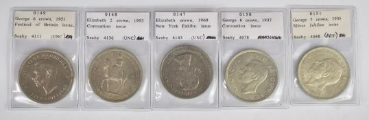 Five crowns comprising 1935 George V 'rocking horse', 1937 George VI Coronation issue, 1951 Festival